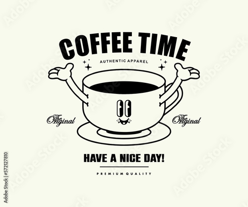 Funny cartoon character of a cup coffee. Can be used as Sticker, posters, prints. Retro cartoon style. Vector illustration