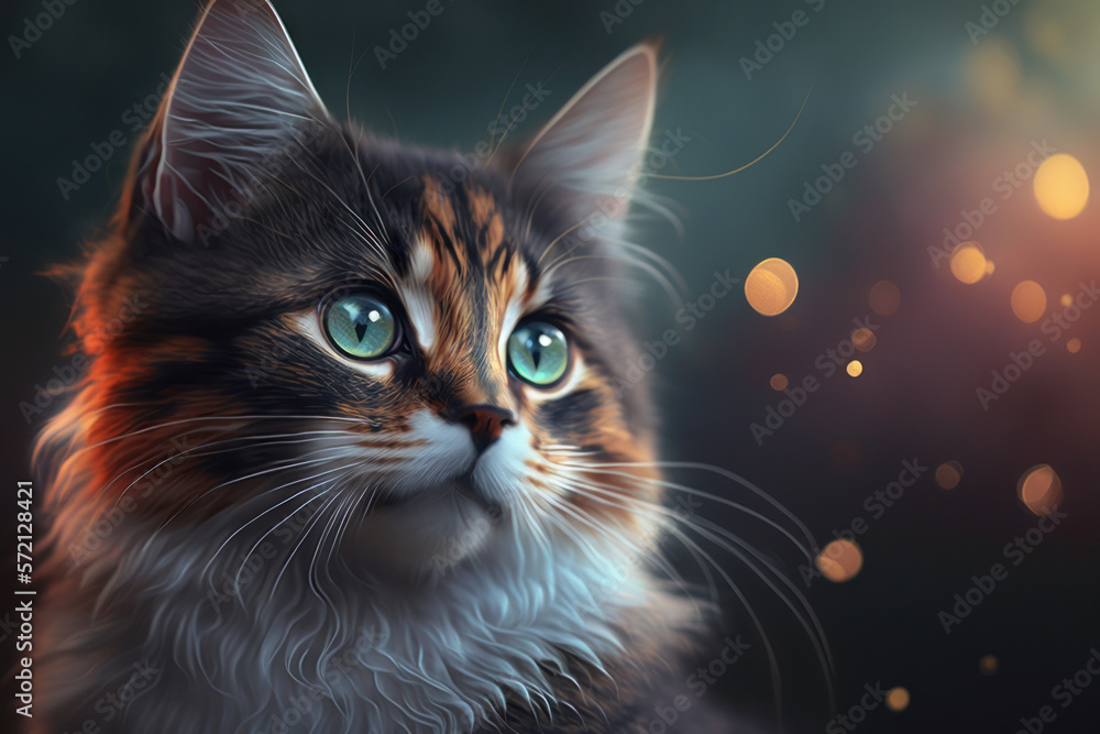 Handsome cat portrait looking up with green eyes, orange, brown and white fur on a blue and orange bokeh spotted background, ai. Handsome cat portrait looking up with green eyes, orange, brown and white fur on a blue and orange bokeh spotted background, ai.