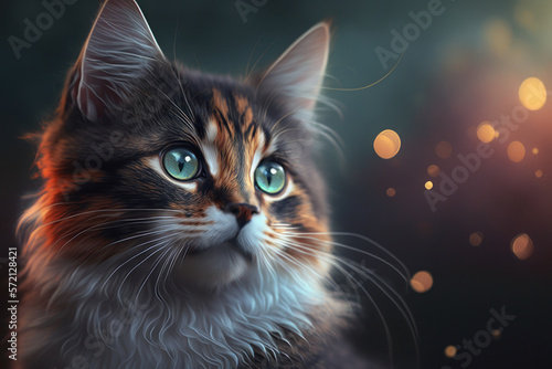 Handsome cat portrait looking up with green eyes, orange, brown and white fur on a blue and orange bokeh spotted background, ai.