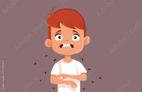 Child Complains of Itching Caused by Fleas Vector Illustration. Unhappy little boy infested with parasites from a pet animal
