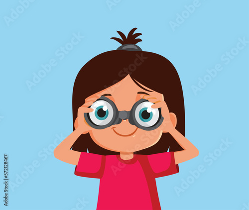 Funny Little Girl Exploring Using a Binocular Vector Cartoon. Curious student looking from a distance observing and analyzing 
