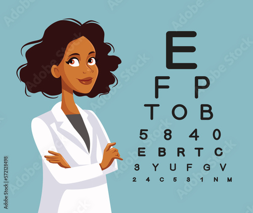 Optician Standing Next to a Snellen Chart Vector Illustration. Ophthalmologist doing an eye consultation for diagnosis 
