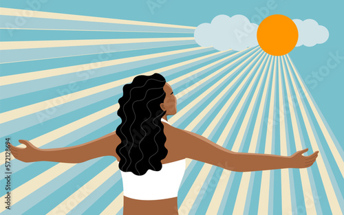 A tan woman under the sunlight for get more vitamin D from the sun, healthy living concept. flat vector illustration.
