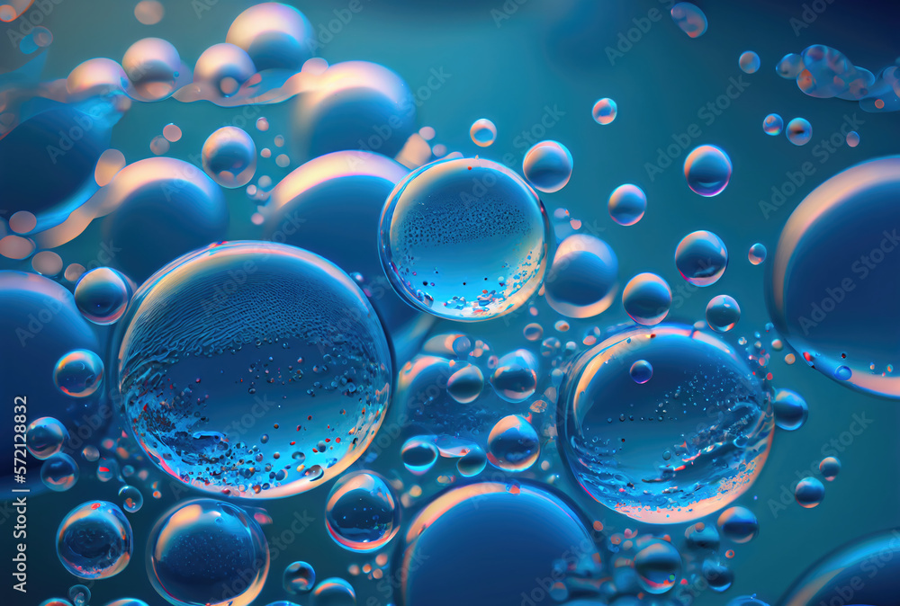 Blue glossy water bubble in underwater background. Nature and abstract concept. Generative AI