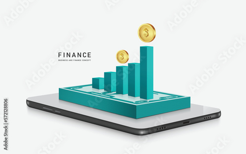 green bar graph chart steps from low to high show results of progress and there is dollar coin at  top and all place on dollar banknote and smartphone