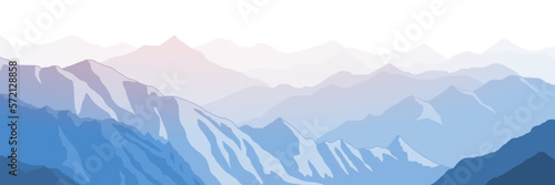 Sunrise in the mountains, ranges in the morning light, panoramic view, vector illustration