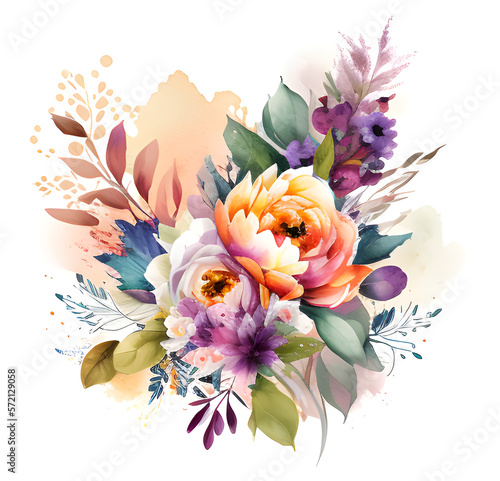 Beautiful Watercolor Wedding Flower With Color Splash In Background Created with Generative AI, Flowers for wedding Invitation, cards, and printables © Graphinir