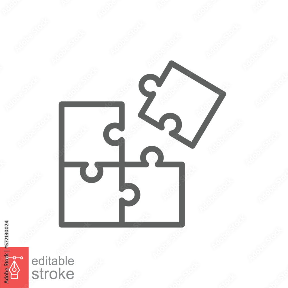 Puzzle jigsaw line icon. Simple outline style. Join teamwork, challenge, square, block, part, business logo concept design. Vector illustration isolated on white background. Editable stroke EPS 10. Puzzle jigsaw line icon. Simple outline style. Join teamwork, challenge, square, block, part, business logo concept design. Vector illustration isolated on white background. Editable stroke EPS 10.