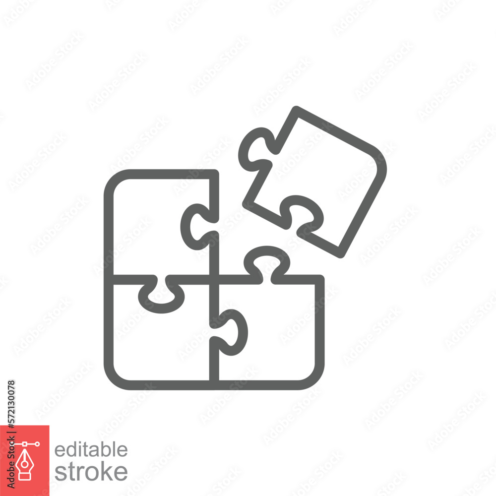 Puzzle jigsaw line icon. Simple outline style. Join teamwork, challenge, square, block, part, business logo concept design. Vector illustration isolated on white background. Editable stroke EPS 10. Puzzle jigsaw line icon. Simple outline style. Join teamwork, challenge, square, block, part, business logo concept design. Vector illustration isolated on white background. Editable stroke EPS 10.