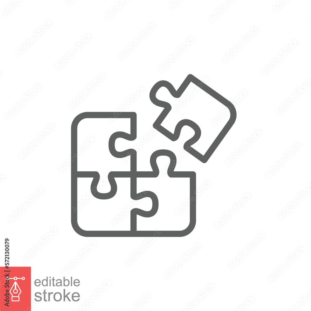 Puzzle jigsaw line icon. Simple outline style. Join teamwork, challenge, square, block, part, business logo concept design. Vector illustration isolated on white background. Editable stroke EPS 10.