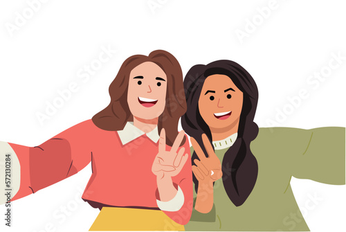 Best friends taking a selfie and laughing. BFF Friendship and youth concept. Vector illustration.
