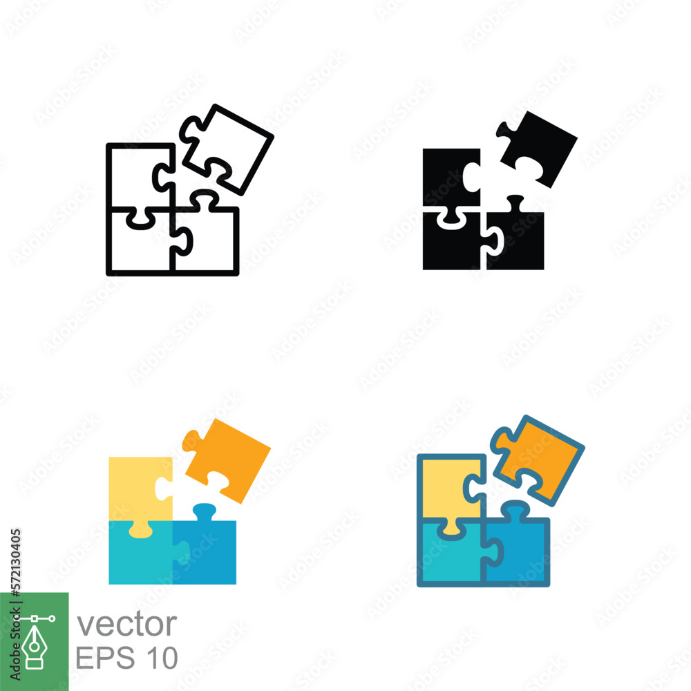 Puzzle jigsaw icon in different style. Line, solid, flat, filled outline. Join teamwork, challenge, combination, problem solving, solution. Vector illustration isolated on white background. EPS 10. Puzzle jigsaw icon in different style. Line, solid, flat, filled outline. Join teamwork, challenge, combination, problem solving, solution. Vector illustration isolated on white background. EPS 10.