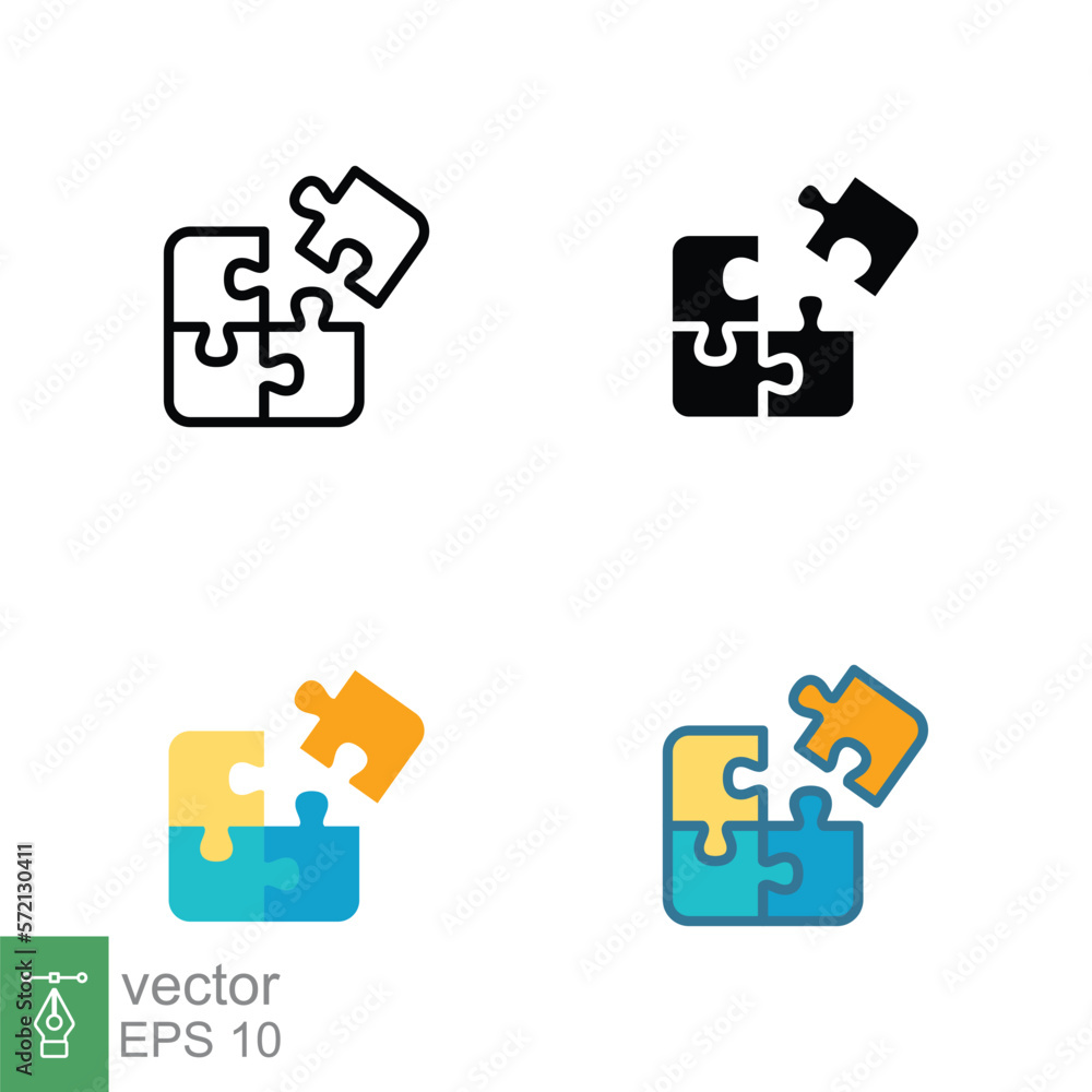 Puzzle jigsaw icon in different style. Line, solid, flat, filled outline. Join teamwork, challenge, combination, problem solving, solution. Vector illustration isolated on white background. EPS 10. Puzzle jigsaw icon in different style. Line, solid, flat, filled outline. Join teamwork, challenge, combination, problem solving, solution. Vector illustration isolated on white background. EPS 10.