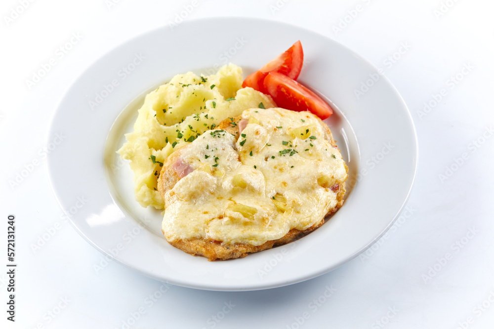 mashed potato with cutlet and salad