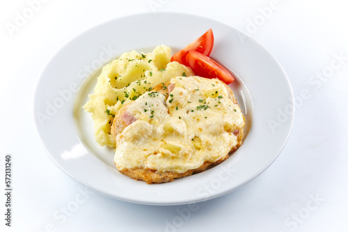 mashed potato with cutlet and salad