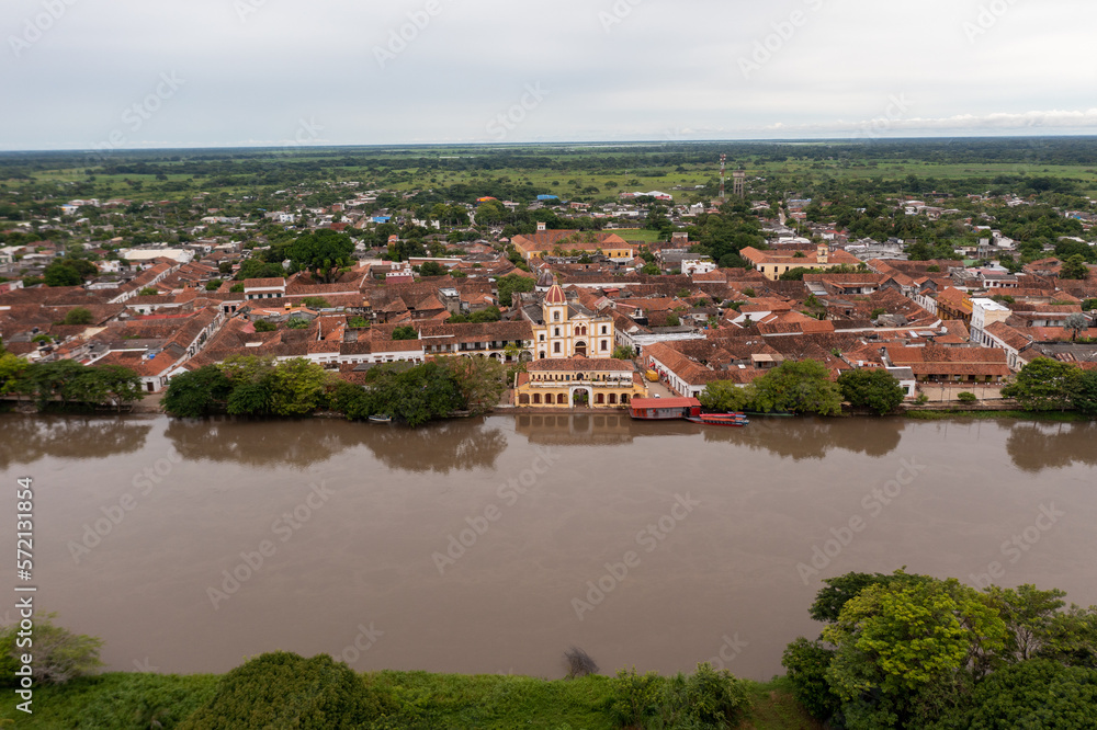 Aerial view from a drone of the town of Santa Cruz de Mompox facing the Magdalena river. Colombia