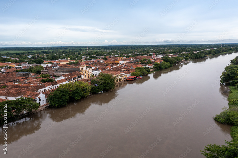 View from a drone of the Magdalena river with the town of Santa Cruz de Mompox in the background. Colombia.