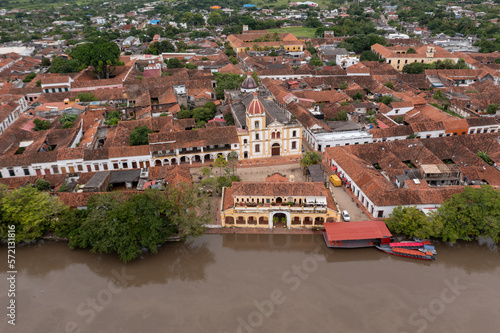 Aerial view of the main square of the town of Santa Cruz de Mompox and the port building on the banks of the Magdalena river. Bolivar Department .Colombia photo