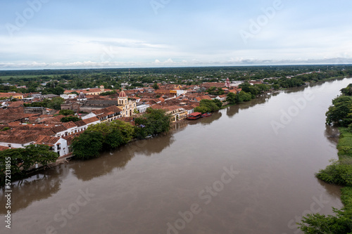 View from a drone of the Magdalena river with the town of Santa Cruz de Mompox in the background. Colombia. photo