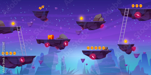 Vector game space background landscape. Cartoon planet in galaxy for arcade videogame. 2d ui level map with floating island with gold goin in fantasy universe. Online world asset design illustration.