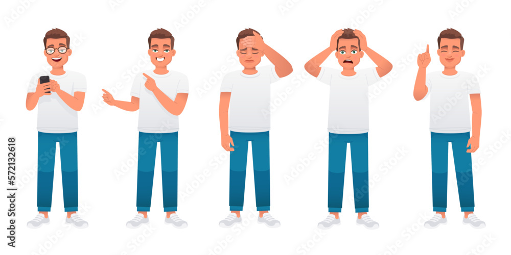 Fototapeta premium Man in full growth character set. The guy is wearing glasses and looks at the phone, points to something, in despair and sadness, in horror. A young caucasian male in a white t-shirt and blue jeans