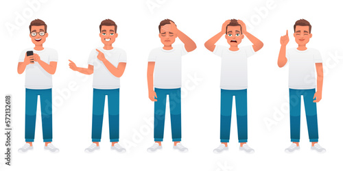 Man in full growth character set. The guy is wearing glasses and looks at the phone, points to something, in despair and sadness, in horror. A young caucasian male in a white t-shirt and blue jeans