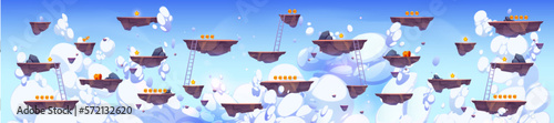 Flying rock islands vector game background sky landscape. 2d ui level map with floating platform, gold goin, ladders on blu sky with white clouds. Cartoon arcade videogame world asset design