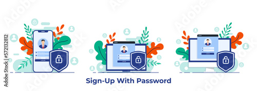 Online registration or sign up user interface screen on laptop, desktop computer, smartphone. Secure login, password protection concept for landing page, UI, mobile app
