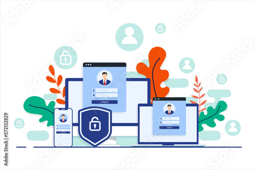 Online registration or sign up user interface screen on laptop, desktop computer, smartphone. Secure login, password protection concept for landing page, UI, mobile app
