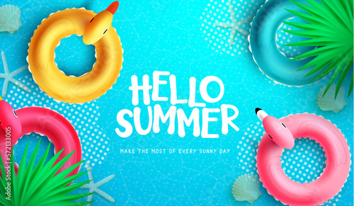 Hello summer vector design. Hello summer greeting text with inflatable duck, flamingo and bird floaters element. Vector illustration summer background.
