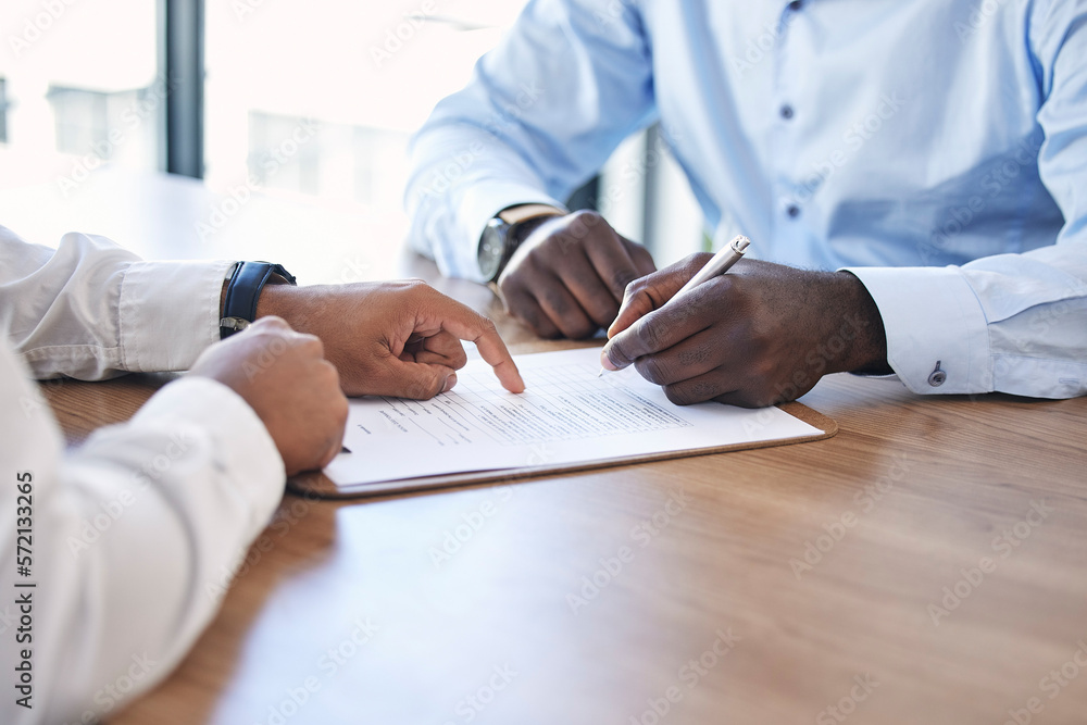 Hand, signature and contract with a business man in a meeting with human resources for performance review. Documents, hiring and recruitment with a male employee signing paperwork in an office - obrazy, fototapety, plakaty 