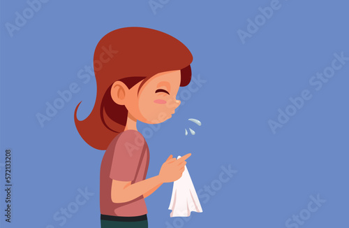Sick Child sneezes into a Handkerchief Spreading the Virus Vector Illustration. Little girl feeling sick infected with a flu viral condition
