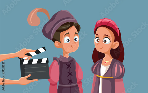 Crew Filming Romeo and Juliet with Young Actors Vector Cartoon. School play adaptation of classical Shakespearian work 
