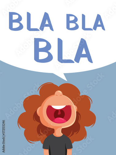 Little Chatterbox Girl Speaking Bla bla Black Funny Cartoon. Child chitchatting loud spitting out nonsensical discourse 
