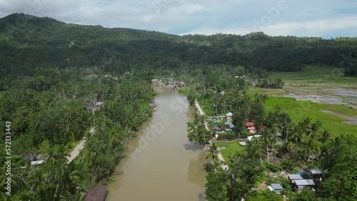 Wallpaper Mural Polluted river water in poor area of provincial city in Taiwan. Acute environmental problem associated with water and environmental pollution. River with green trees, houses and shacks on its banks. Torontodigital.ca