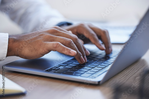 Photography Laptop, office and hands typing at desk for online documents, writing email and business proposal