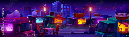 Street food trucks at trade fair in night city park. Vector cartoon illustration of popcorn, hot dog, cotton candy, fresh juice, coffee and snacks vans selling takeaway meal outdoors. Catering service