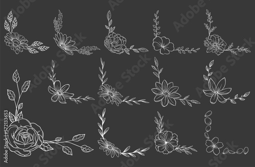 黒板風　繊細な植物や花のボタニカルフレームセット　ベクター素材