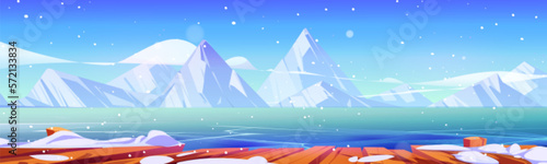 Lake with ice, wood pier and mountains in winter. Landscape with frozen river water, snow on wooden berth or embankment and white rocks on horizon, vector cartoon illustration