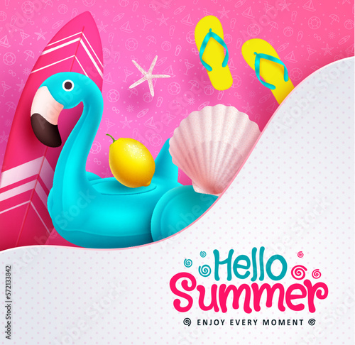 Hello summer vector design. Hello summer text in abstract shape with blue flamingo and surfboard in background. Vector illustration summer greeting.
