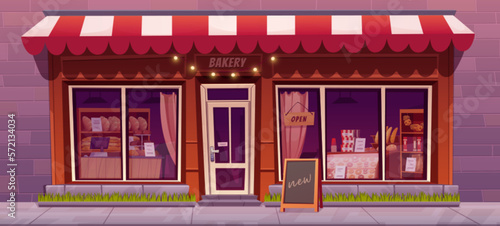 Bakery shop facade with large windows and door. Vector cartoon illustration of urban cafe with bread, sweet pastry, donuts, cookies showcase, open sign and blackboard stopper on city street sidewalk