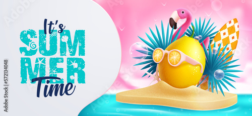 Summer time vector design. It's summer time text in empty space with lemon and flamingo element in island background. Vector illustration summer template.
