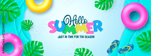 Hello summer vector design. Hello summer text in abstract background with flipflop and poster element. Vector illustration summer season banner design.
