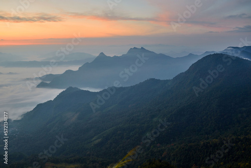Fog in early morning over the mountain at Phu Chi Fah in Thailand