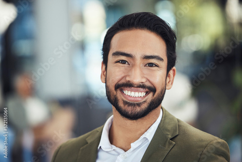 Obraz na płótnie Business man, face and smile in portrait with success, professional mission and mindset outdoor in city
