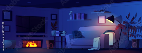 House room night interior with furniture. Modern dark living room with sova, tv, table with books, fireplace with fire, floor lamp, shelves and plants, vector cartoon illustration