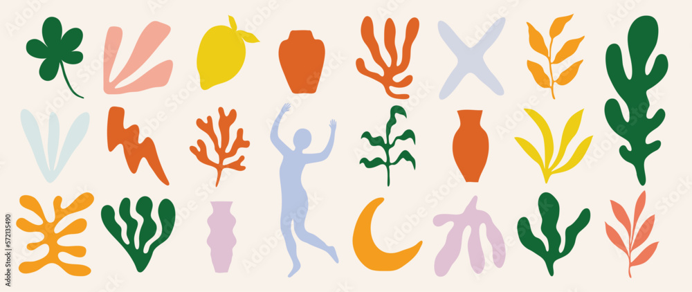 Set of abstract organic shapes inspired by matisse. Plants, body figure, algae, vase in paper cut collage style. Contemporary aesthetic vector element for logo, decoration, print, cover, wallpaper. Set of abstract organic shapes inspired by matisse. Plants, body figure, algae, vase in paper cut collage style. Contemporary aesthetic vector element for logo, decoration, print, cover, wallpaper.
