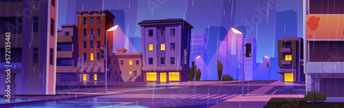 Night city street crossroad scene with car traffic. Evening in rainy town with lamp light on road cartoon vector background. Dark house with apartment and coffee shop. Urban panorama view.