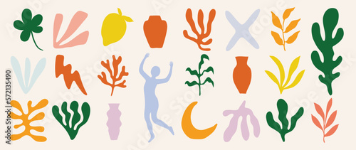 Set of abstract organic shapes inspired by matisse. Plants, body figure, algae, vase in paper cut collage style. Contemporary aesthetic vector element for logo, decoration, print, cover, wallpaper.