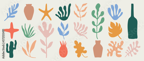 Set of abstract organic shapes inspired by matisse. Plants  cactus  leaf  algae  vase in paper cut collage style. Contemporary aesthetic vector element for logo  decoration  print  cover  wallpaper.
